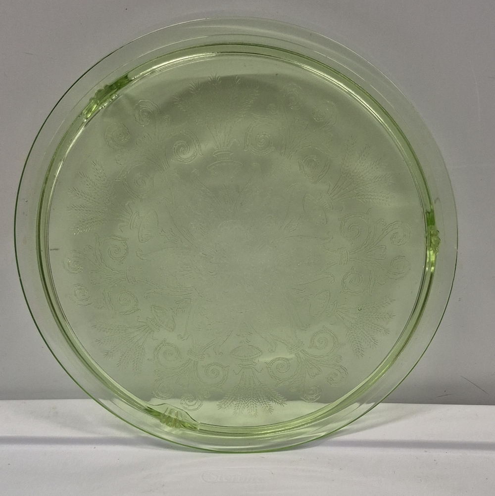 1920-1930's Footed Jeannette Glass Co. Cake Plate Wheat and Scroll 12 inch